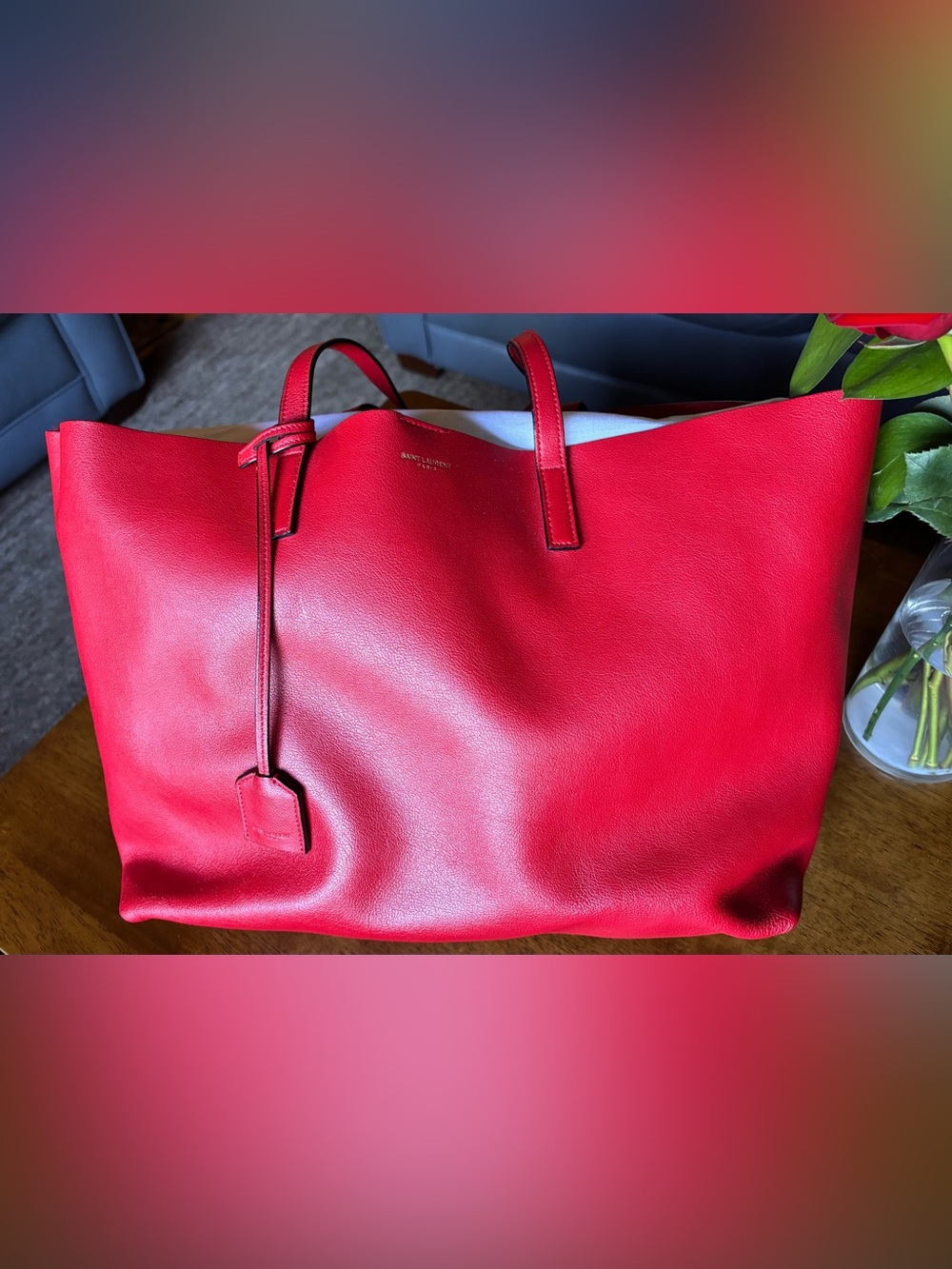 Saint Laurent East West Red Leather Tote